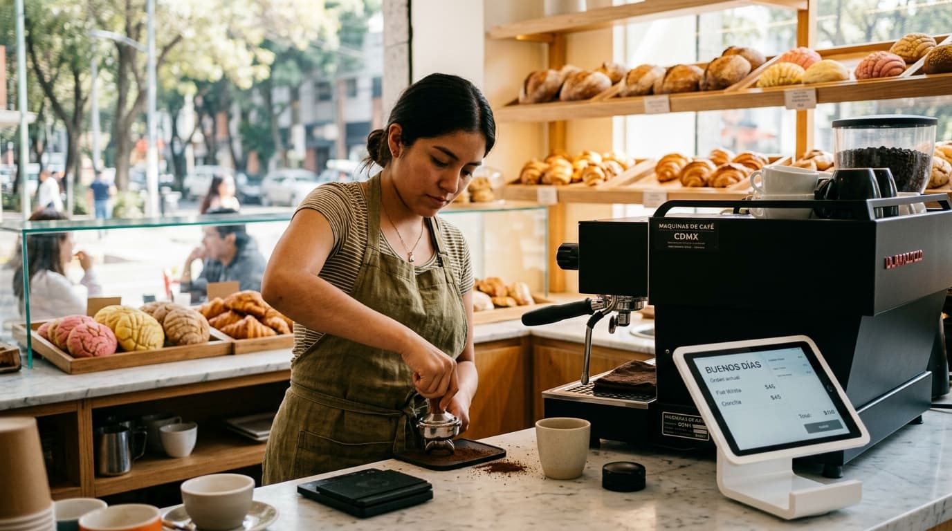 Barista preparando café de especialidad y panadería artesanal con punto de venta